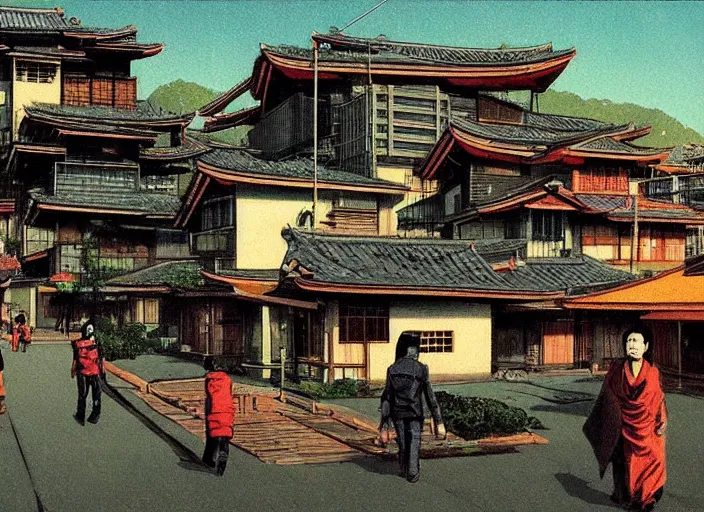 Image similar to vincent di fate's 1 9 8 0 depiction of a kyoto village near a japanese mansion. cyberpunk style.