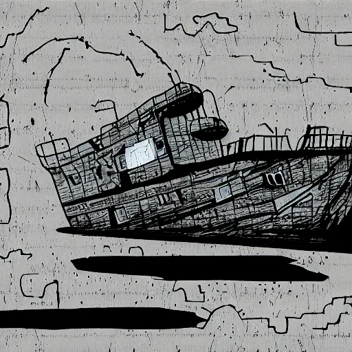 Prompt: an abandoned ship on the aral sea desert, in the style of daniel johnston and outsider art, 8 k, line brush, muted, overlaid with cyrillic words