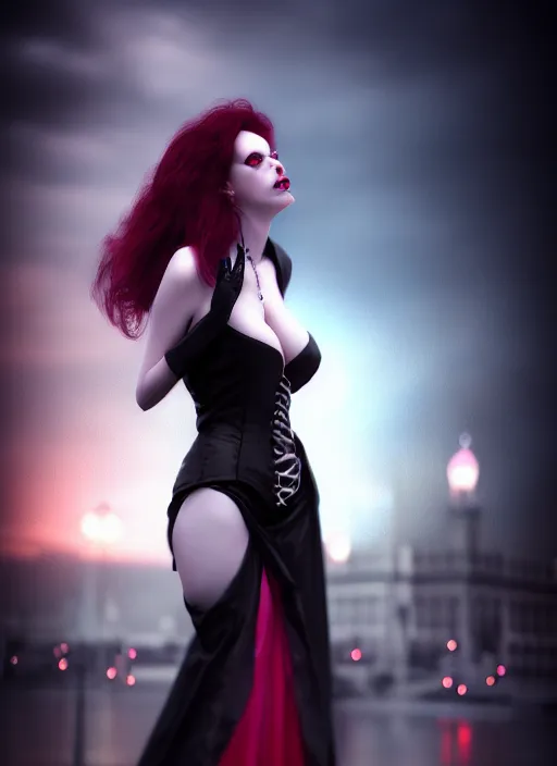 Image similar to realistic matte painting, full length portrait, the vampire duchess of blood owns las vegas at night, fangs, pale, highly detailed, CGsociety, concept art, HDR, hyper realistic, volumetric lighting, subsurface scattering, unreal,
