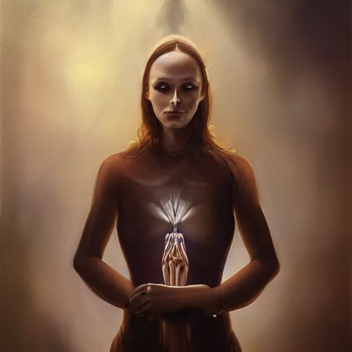 Prompt: surreal portrait of a woman by Greg Rutkowski and Artgerm, symmetrical face, she is about 30 years old, she is about 30 years old, pretty, blond hair with two strans around her face, slavic features, melancholic gaze, pretty aquiline nose, transformed into a kind of biomechanical transhuman goddes, uncany but fascinating, sad but determined look, cosmic void background, frightening, fascinating, highly detailed portrait, digital painting, book cover, artstation, concept art, smooth, sharp foccus ilustration, Artstation HQ