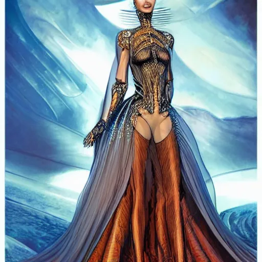 Image similar to a beautiful arabian woman wearing a futuristic dress by alexander mcqueen, artgerm, alex gray, android jones, fashion show, futuristic, organic dress, seamless pattern, concept art, fantasy