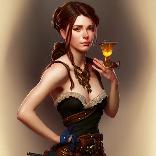 Image similar to barmaid, female, d & d, fantasy, intricate, elegant, highly detailed, digital painting, artstation, octane render, concept art, matte, sharp focus, illustration, hearthstone, art by artgerm and steve argyle and alphonse mucha