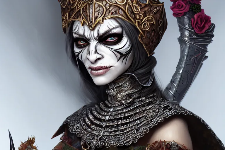 Image similar to a full portrait of a beautiful woman wearing, wearing extremely detailed attire, slim complexity, extremely detailed white eyes, medievil, dnd, extremely detailed, high quality, trending on artstation, photo realistic