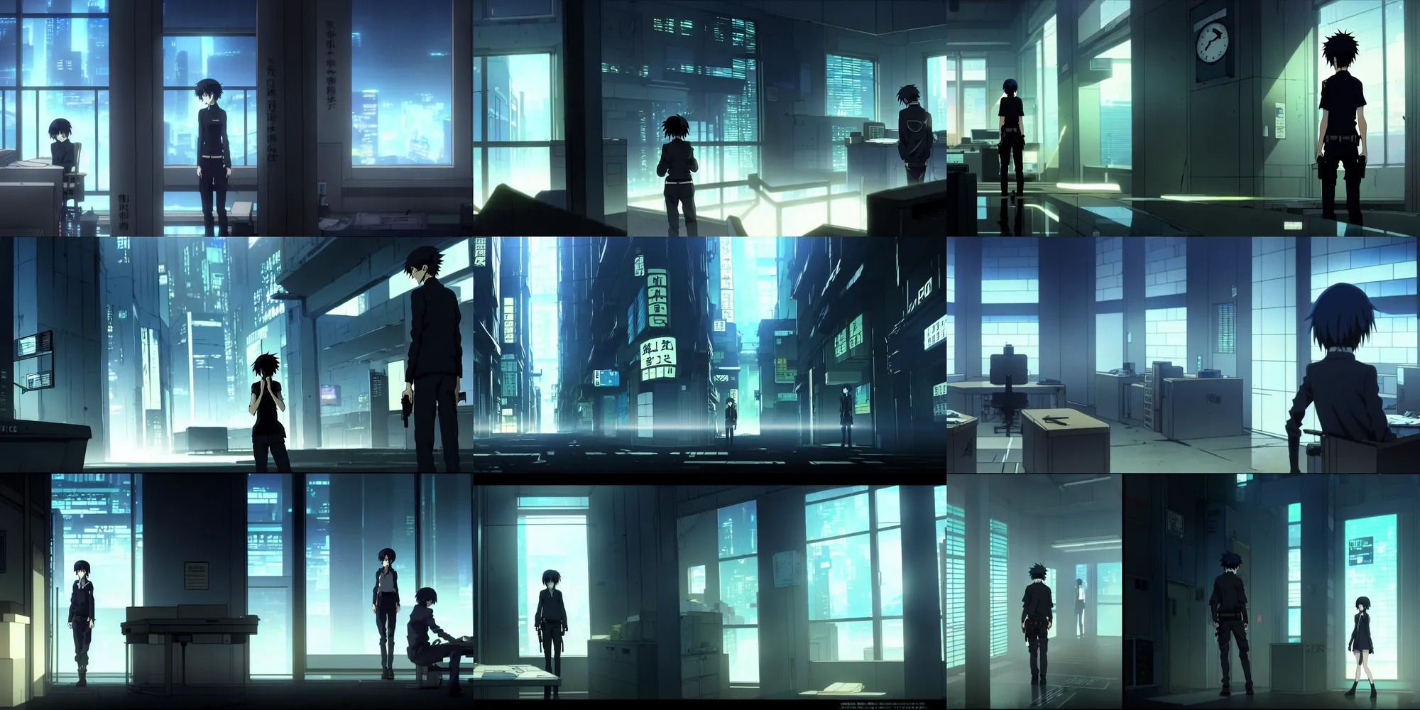 Prompt: an after hours closed quiet quiet cyberpunk police office in the cyberpunk anime film, screenshot in the anime series ergo proxy and death note, detailed atmospheric and gritty, by makoto shinkai and Shichiro Kobayashi, interior