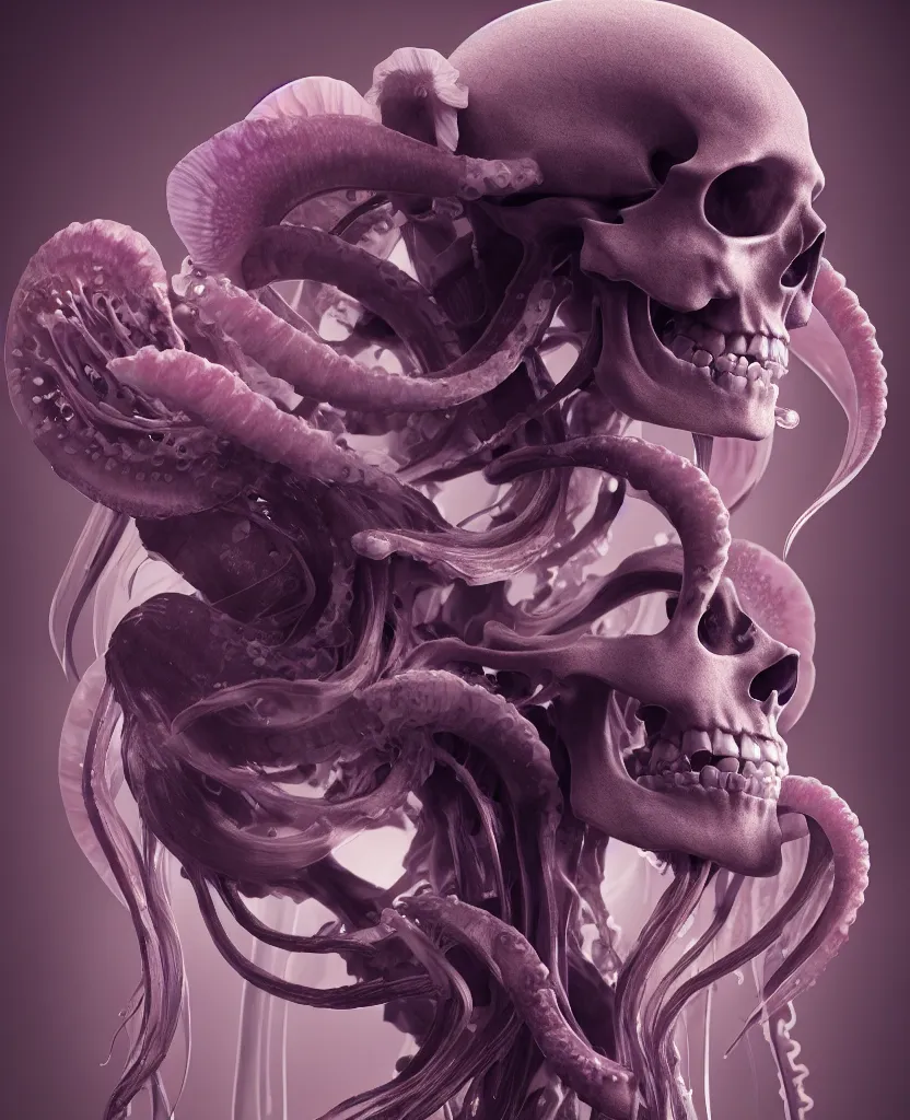 Image similar to goddess close - up portrait human skeleton, ram skull, squid phoenix jellyfish, orchid, betta fish, bioluminiscent, intricate artwork by tooth wu and wlop and beeple. octane render, trending on artstation, greg rutkowski very coherent symmetrical artwork. cinematic, hyper realism, high detail, octane render, 8 k