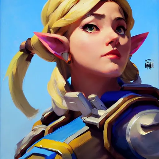 Image similar to Greg Manchess portrait painting of Zelda as Overwatch character, medium shot, asymmetrical, profile picture, Organic Painting, sunny day, Matte Painting, bold shapes, hard edges, street art, trending on artstation, by Huang Guangjian and Gil Elvgren and Sachin Teng