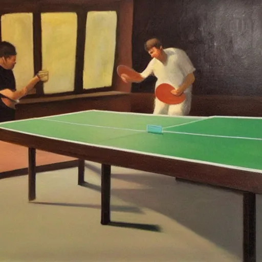 Prompt: Dos muxus xugando al ping pong sobro fondu naranxa, oil painting