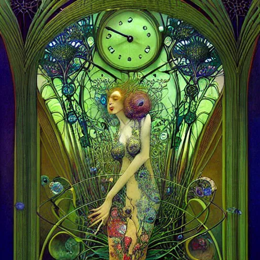 Prompt: the green hour, a beautiful abstract art nouveau painting by daniel merriam and ernst haeckel