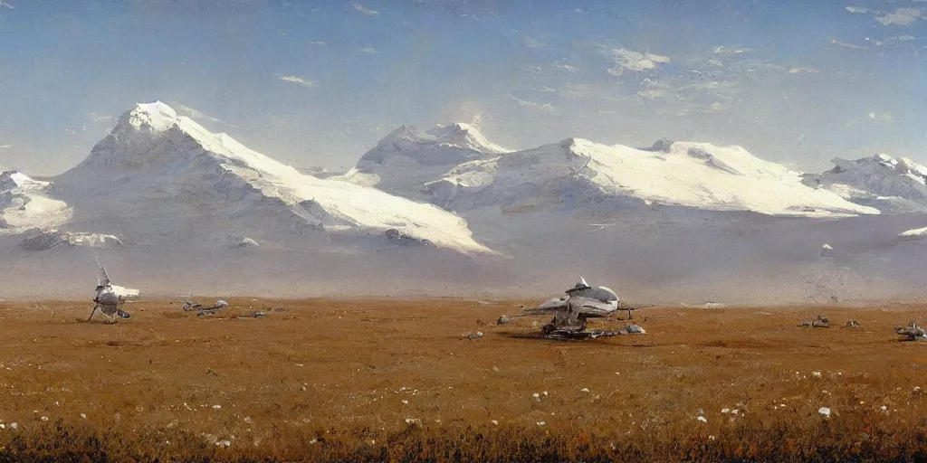 Prompt: white giant spaceship in center on tansy field at foot, snowy mountain afar by Fernand Khnopff by john berkey, oil painting, concept art