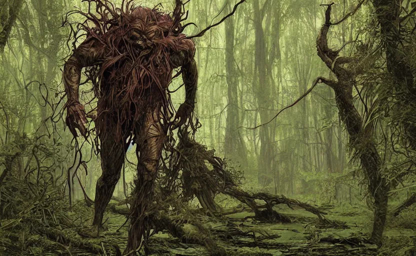 Prompt: digital painting of side view of swampthing walking in ovni crash site on swamp wasteland, extraterrestrial body parts on the floor, forest, moss, elegant artwork by lee bermejo and greg rutkowski and alphonse mucha