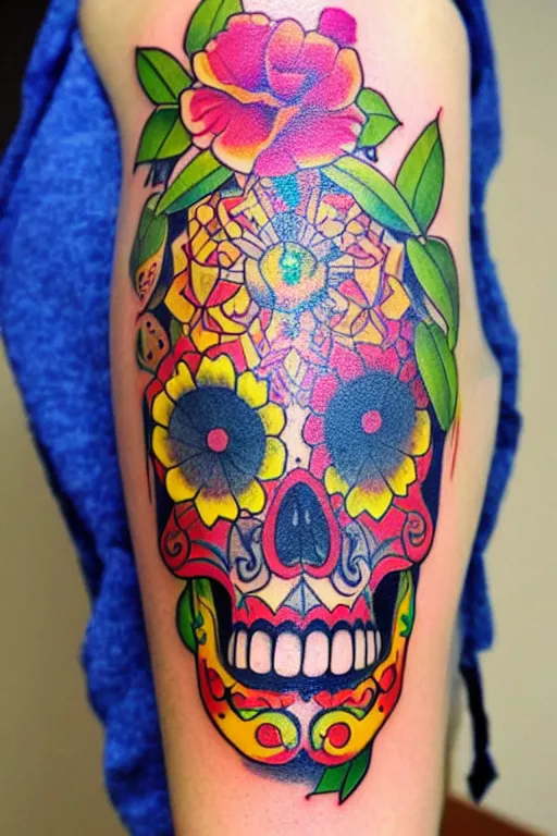 Image similar to tattoo of sugar skull, bright colors