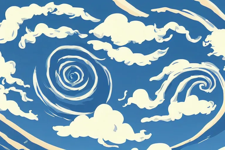Prompt: clean cel shaded vector art, spiral, curled blue sky fluffy curled clouds, spiral clouds, smoke shaped clouds, from lorax movie, by studio ghibli