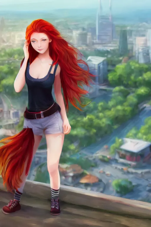 Prompt: beautiful cute red haired joyful and playful nineteen year old maiden standing up in casual green clothing with a modern city in the background, long hair, cute pose, athletic body, rpg character, sci - fi, fantasy, intricate, elegant, digital painting, artstation, concept art, smooth, 8 k frostbite 3 engine, ultra detailed