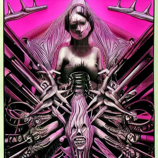 Image similar to post - punk new age album cover, magic, apocalypse, psychedelic, black white pink, magic, giger h. r.