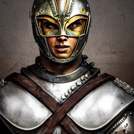 Image similar to portrait of cristano ronaldo wearing heavy shiny armor with no helmet, gladiator style, clouded, detailed, intricate, realistic, hdr, 8 k