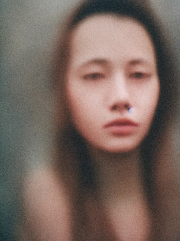 Image similar to close-up photographic portrait of a woman’s face, captured in low light, soft focus, the woman’s features are slightly blurred, Cinestill 800t,