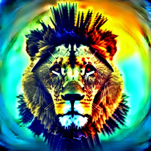 Image similar to portrait of a lion wearing a futuristic helmet, synth - wave,