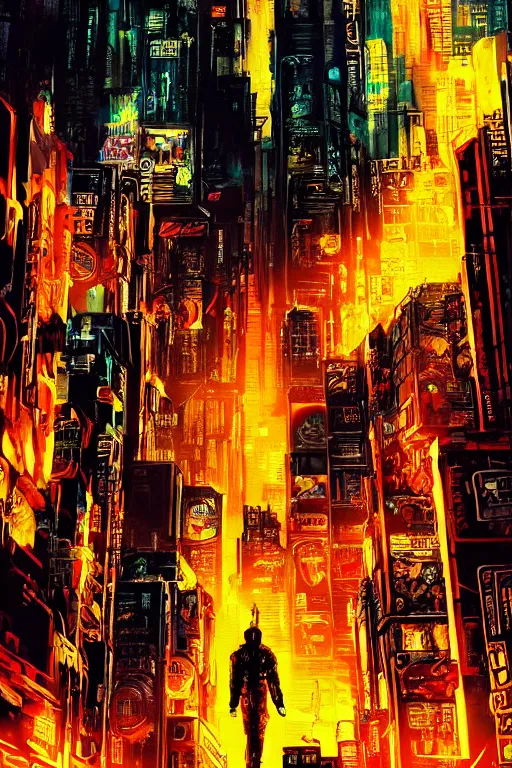 Image similar to movie poster for randypunk, intricate cyberpunk city, orange overlooking city, street gang, dramatic lighting, epic composition, bladerunner, tatsuki fujimoto