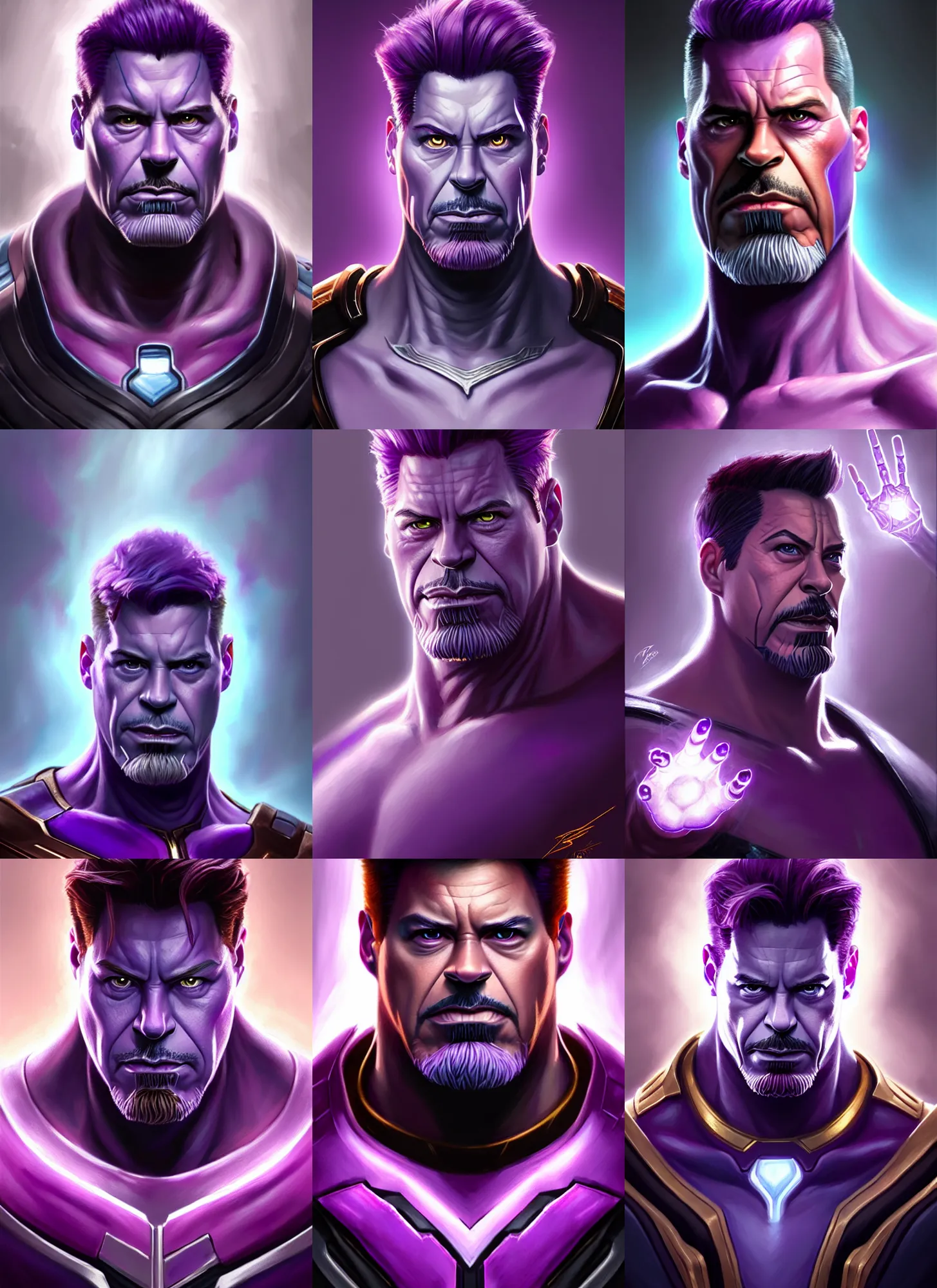 Prompt: a fantasy style portrait painting a character if tony stark and thanos had a son, purple skin, powerful chin, thanos style traits, painting, unreal 5, daz., rpg, portrait, extremely detailed, artgerm greg rutkowski _ greg