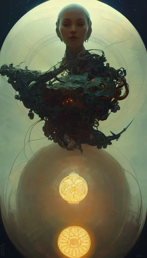 Image similar to a scifi orb drone, religious, elegant, intricate, digital painting, artstation, concept art, smooth, sharp focus, illustration, art by artgerm and greg rutkowski and alphonse mucha