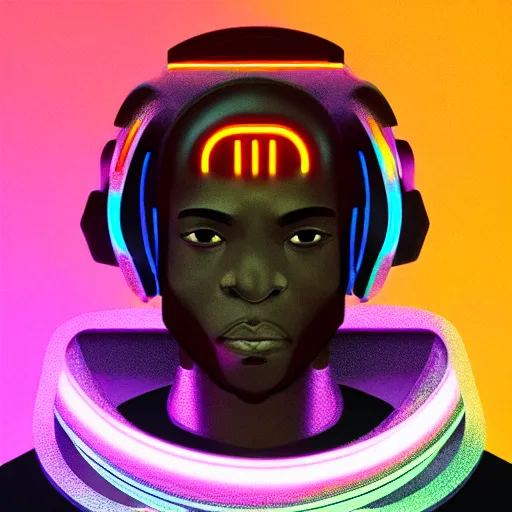 Image similar to Beeple art of a beautiful black male cyborg, neon cyberpunk