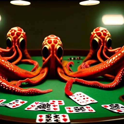 Image similar to hyperrealism simulation highly detailed human octopuses'wearing transparent jackets, playing poker in surreal scene from art house movie from future by wes anderson rendered blender and octane render