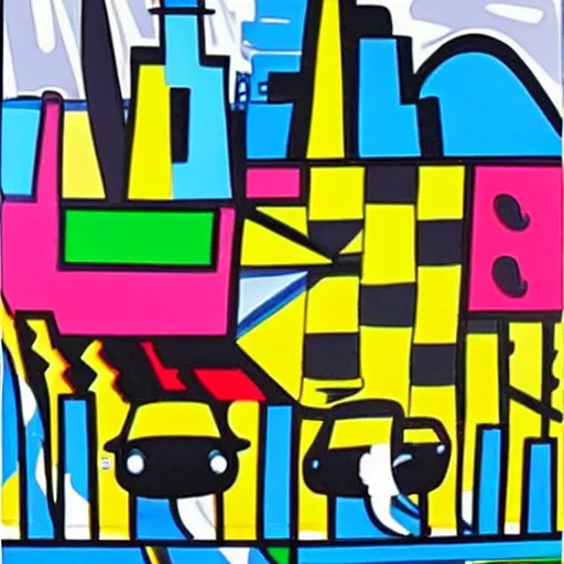 Image similar to cars in the city, painting by romero britto