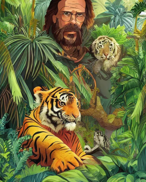 Prompt: portrait of a conquistador in a jungle, with a pet tiger, by nicola saviori, and dan mora, studio ghibli color scheme, highly detailed