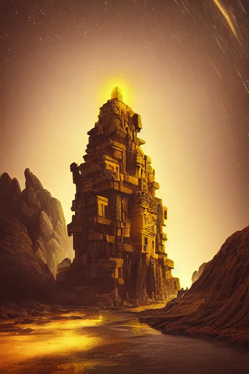 Prompt: yellow glowing ancient temple, black sand, star trails, dramatic lighting, artstation, matte painting, filip hodas, ralph mcquarrie