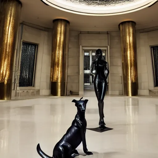 Prompt: photo of a whippet statue made of black marble, standing in large entrance hall of an art-deco skyscraper, top lighting