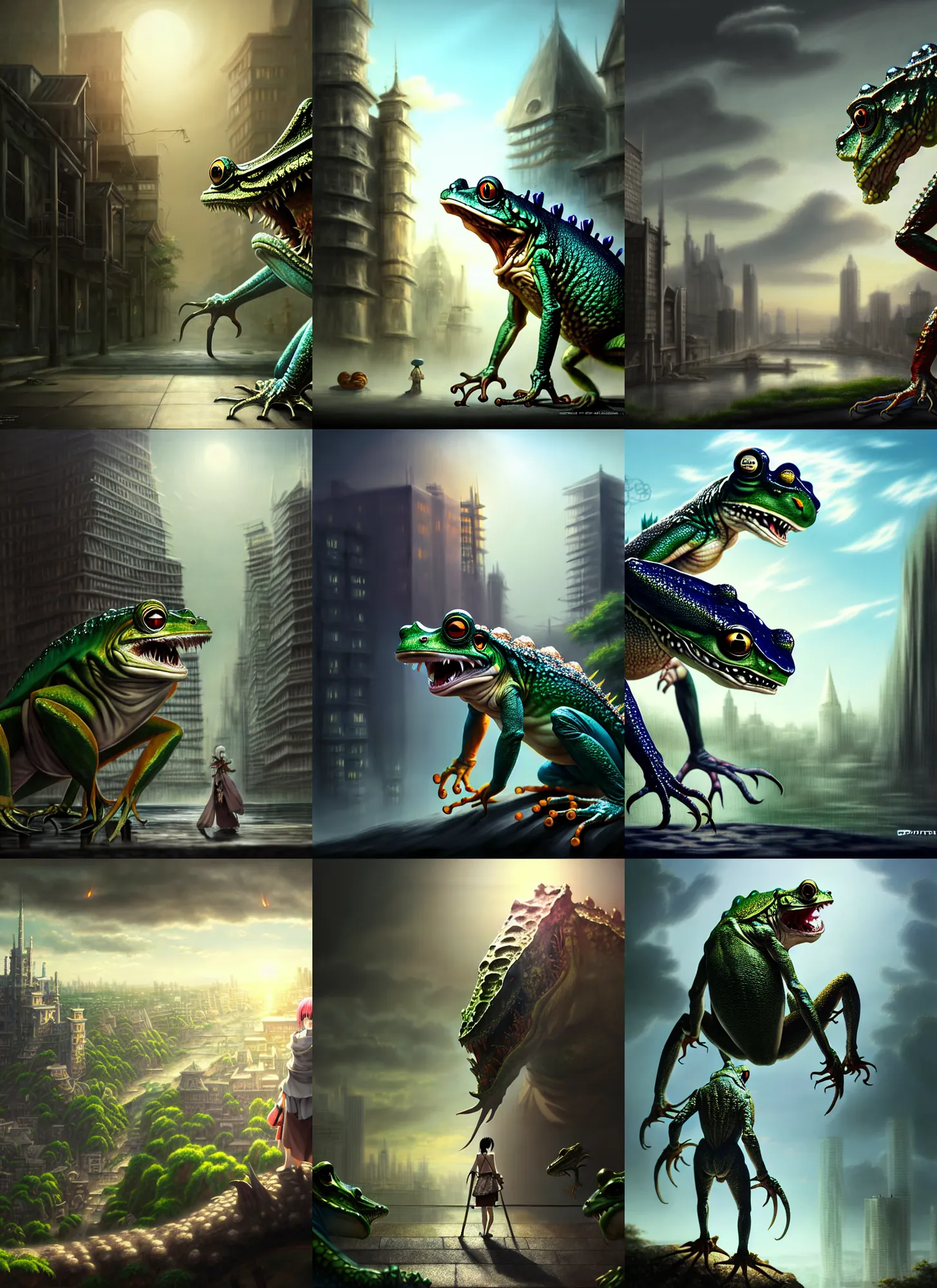 Prompt: costume design made Oda Eiichiro, sophisticated composition, old masters light composition, procedurally generated, frogzilla creature, cityscape behind, substance designer, PBR, HD, Ultra detailed, hyperrealistic, megascans, volumetric light, concept by master artist, made in paint tool SAI2, trending pixiv face