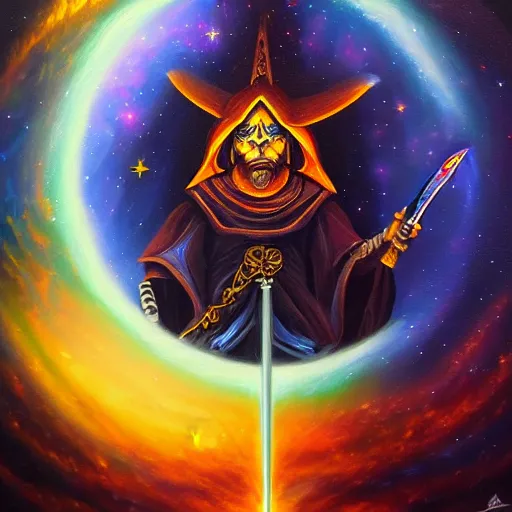 Image similar to facing the evil darkness dark star with a sword in hand, galactic nebular astral realm sacred journey in oil painting, trending on artstation, award winning, emotional, highly detailed surrealist art