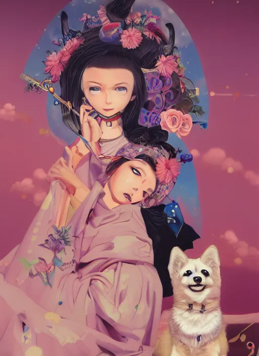 Prompt: beautiful portrait painting of a happy beautiful attractive anime lofi cyberpunk princess and her corgi assassin king, by Afarin Sajedi, Alessandro Barbucci, Alex Gross, Shin Jeongho, Shohei Otomo. trending on Artstation, 8k, masterpiece, face enhance, graffiti paint, fine detail, full of color, intricate detail, golden ratio illustration