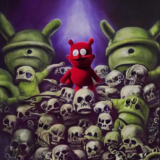 Prompt: teletubby perched atop a throne of skulls, epic dark fantasy oil painting, dimly lit masterpiece, disturbing and evil