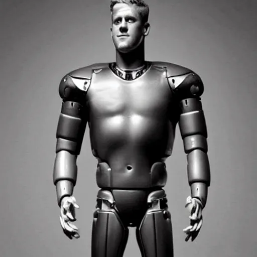 Image similar to “a realistic detailed photo of a guy who is an attractive humanoid who is half robot and half humanoid, who is a male android, football player JJ Watt, shiny skin, posing like a statue, blank stare”