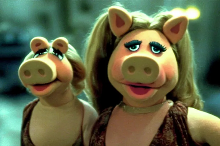 Image similar to movie still of miss piggy starring as trinity in the matrix 1 9 9 9 movie