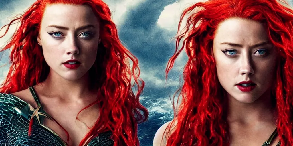 Prompt: red hair mera from aquaman played by amber heard fights captain jack sparrow played by johnny depp, motion blur, real life, spotted, leaked, ultra realistic face, accurate, 4 k, movie still, uhd, sharp, detailed, cinematic, render, modern