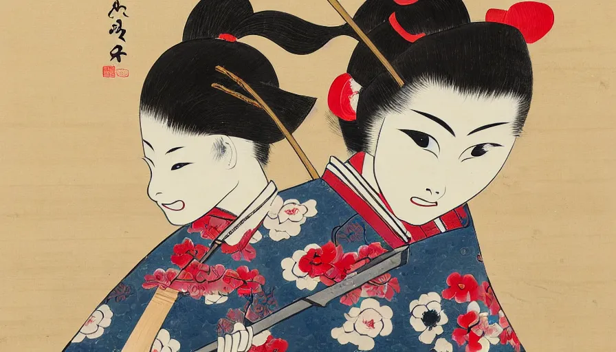 Prompt: a painting of a charming and sinister young girl samurai wearing a fox mask on her head, holding a bloody katana in her hands, striking a fighting pose, wearing a patterned kimono, white background, traditional japanese painting, painting