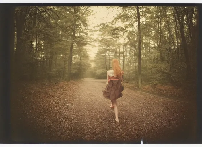 Image similar to medium shot, a young woman towards the camera, a demon is chasing her, woods, polaroid photo, vintage, neutral colors, by gregory crewdson