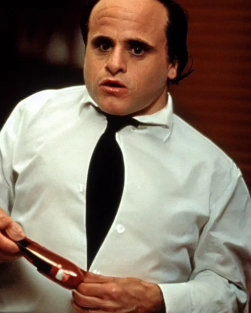 Image similar to danny devito as patrick bateman in american psycho, slicked back hair