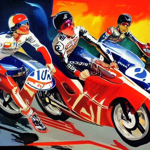 Image similar to photorealistic picture, by bob peak and alex ross, moto gp ads in 1 9 9 0 s, gouache and wash paints, fine details, fine intricate, fine facial proportionate, fine body proportionate, fine body posse, smooth sharp focus, sharp focus