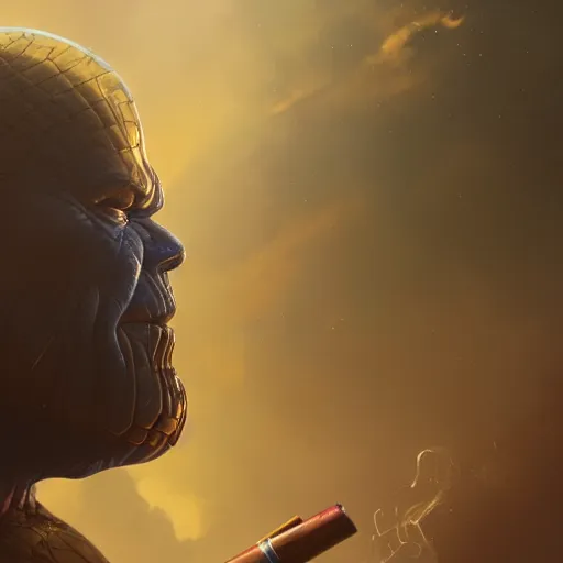 Prompt: a dramatic commission of thanos smoking a cigar with text feel free to screenshot,dramatic,award winning,inspirational,digital art,art by greg rutkowski,photorealistic,highly detailed,detailed face,professional lighting,deviantart,artstation,cg society