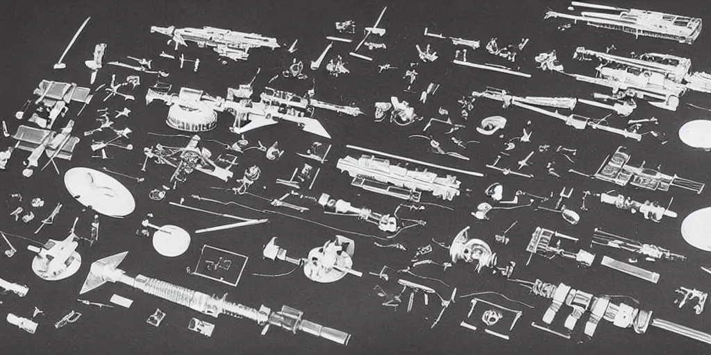 Image similar to knolling of ww 2 space laser weapons, archive photograph, 1 9 5 0's, sci - fi,