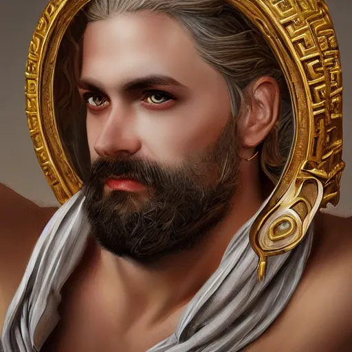 Prompt: portrait of a radiant greek mythology god, jewelry, crown, confident, handsome, dramatic lighting, detailed, very realistic, trending on Artstation, Cgsociety