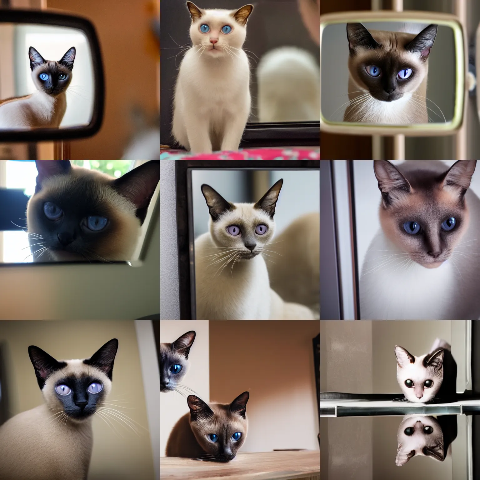 Prompt: photo of a Siamese cat reflecting in the mirror