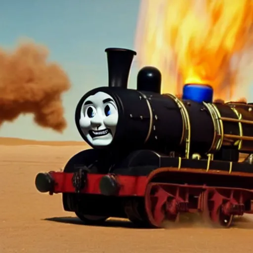 Prompt: evil chthonic Thomas the Tank Engine in the fiery Wasteland of MAD MAX: FURY ROAD
