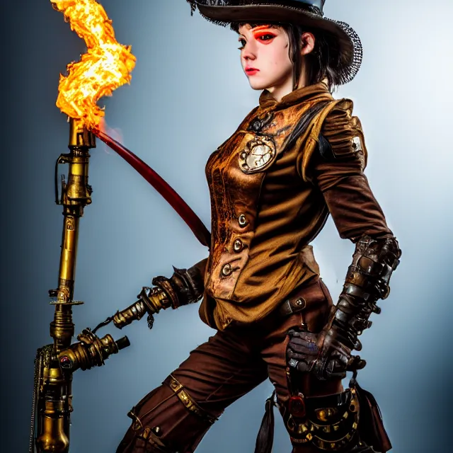 Image similar to full length photo of a beautiful steampunk warrior with a flamethrower, 8 k, hdr, smooth, sharp focus, high resolution, award - winning photo
