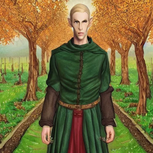 Image similar to realistic portrait of a slender elven man, standing in an apple orchard, dressed in medieval clothes, very handsome, fantasy, dungeons and dragons