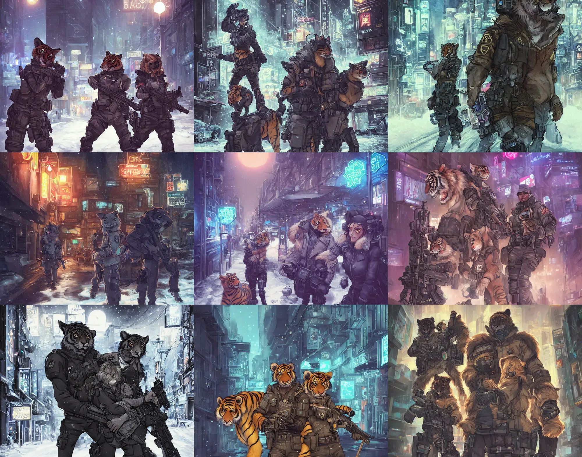 Prompt: beautiful furry art portrait commission of a male furry anthro tiger fursona and a female furry anthro wolf fursona both wearing a tactical swat uniform in the streets of a cyberpunk city at night in the snow. neon signs. character design by charlie bowater, ross tran, artgerm, and makoto shinkai, detailed, inked, western comic book art