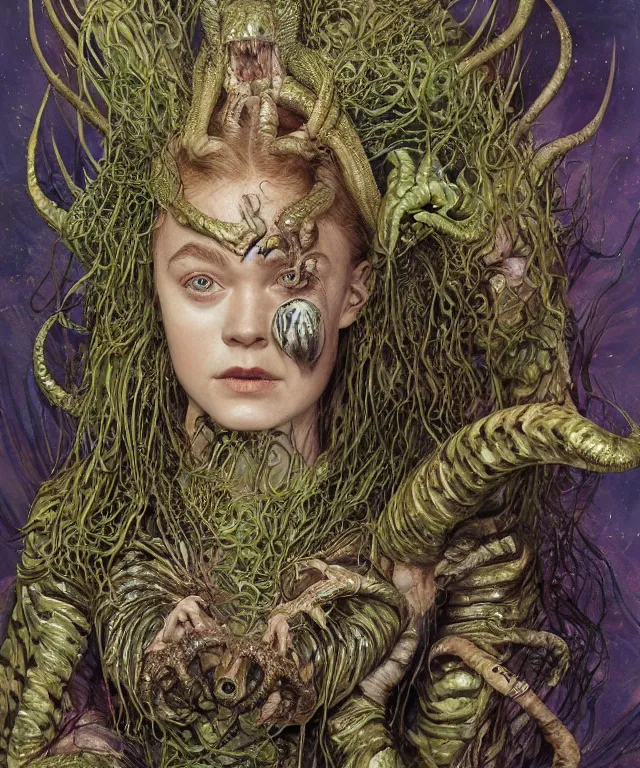 Prompt: portrait photograph of a fierce sadie sink as an alien harpy queen with slimy amphibian skin. she is trying on evil bulbous slimy organic membrane fetish fashion and transforming into a latex succubus amphibian villian medusa. by donato giancola, walton ford, ernst haeckel, brian froud, hr giger. 8 k, cgsociety